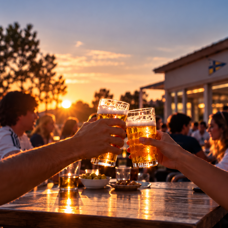 Brindis cervecero al atardecer